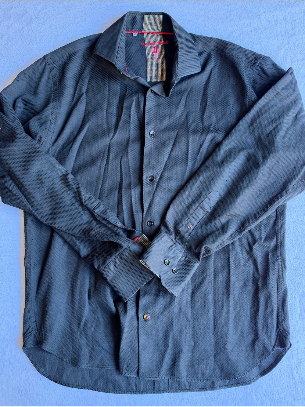 Visconti Black Shirt Mens M Black Waffle Textured Hamsa Colorful Flip Buttons
